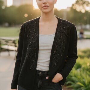 Vintage 90s Magnolia Black Beaded Applique Cardigan Lambswool Angora Sz M